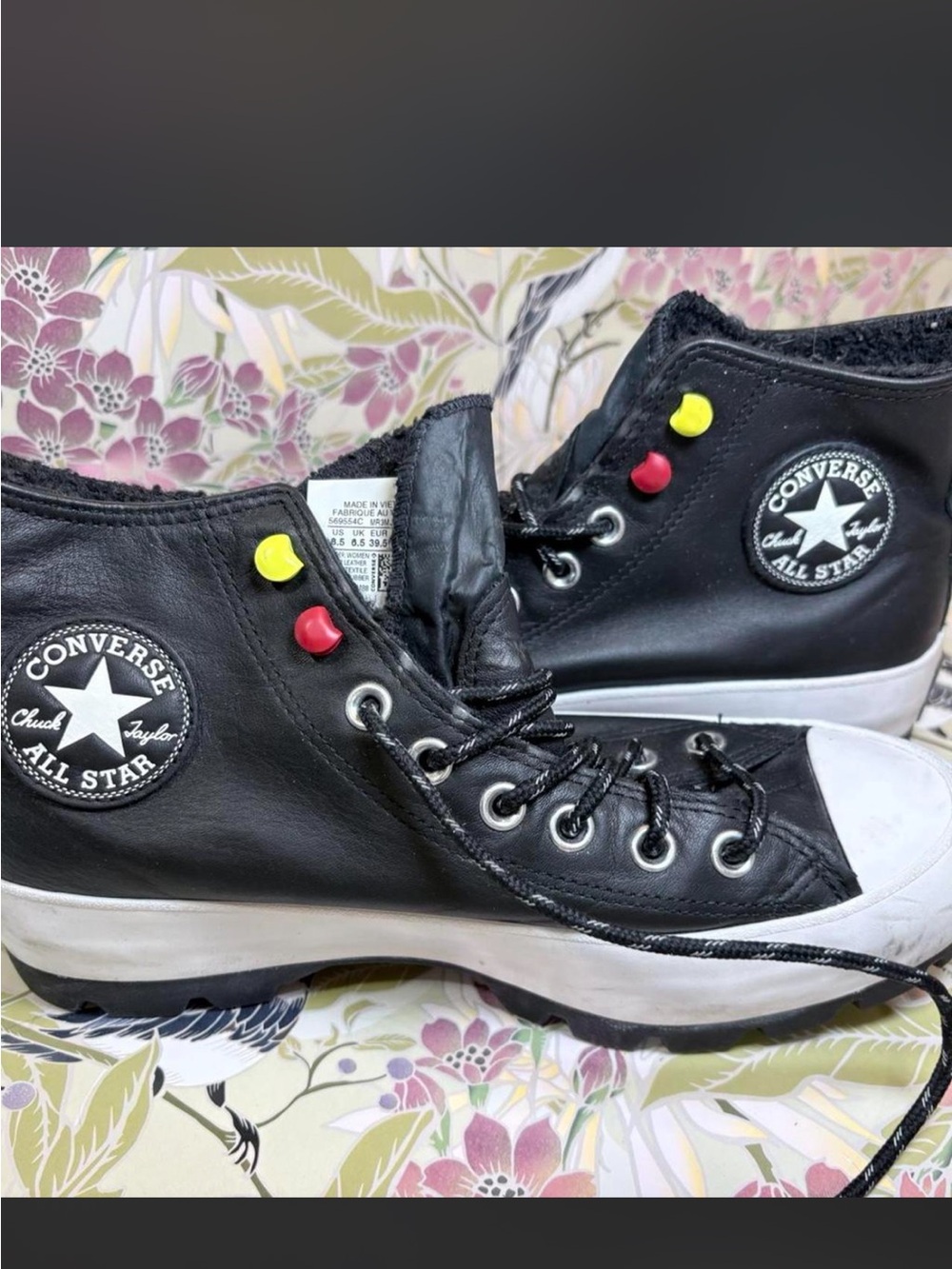 Converse Kids Black Leather High Top Sneakers with Red & Yellow Accents